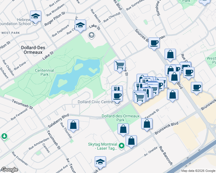 map of restaurants, bars, coffee shops, grocery stores, and more near 228 Rue Donnacona in Dollard-des-Ormeaux