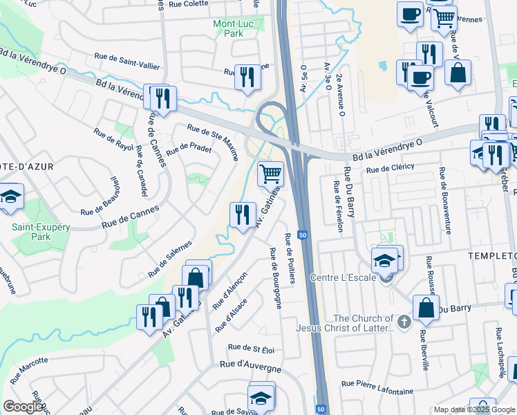 map of restaurants, bars, coffee shops, grocery stores, and more near 137 Avenue Gatineau in Gatineau