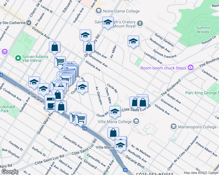 map of restaurants, bars, coffee shops, grocery stores, and more near 4645 Chemin Bruton in Montréal