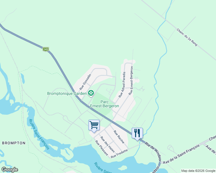 map of restaurants, bars, coffee shops, grocery stores, and more near 91 Rue Raymond-Auger in Sherbrooke