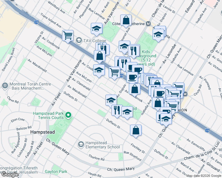 map of restaurants, bars, coffee shops, grocery stores, and more near 5538 Avenue McLynn in Montreal