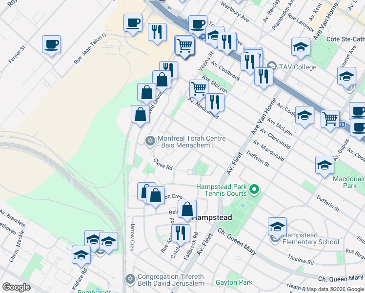 map of restaurants, bars, coffee shops, grocery stores, and more near 198 Rue Harland in Montréal