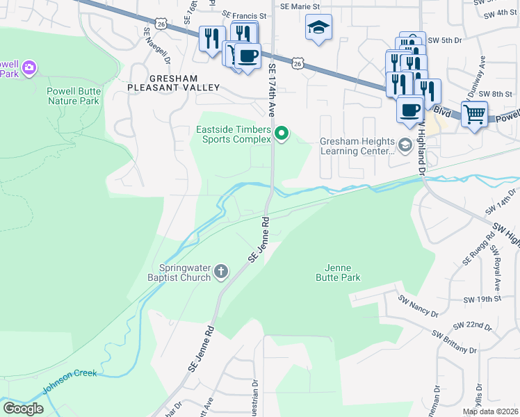 map of restaurants, bars, coffee shops, grocery stores, and more near 5009 Southeast Jenne Road in Portland