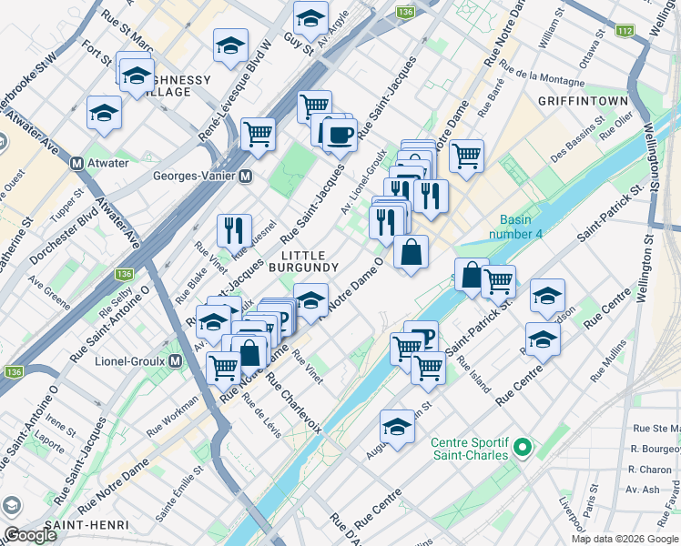 map of restaurants, bars, coffee shops, grocery stores, and more near 2127 Rue Workman in Montreal