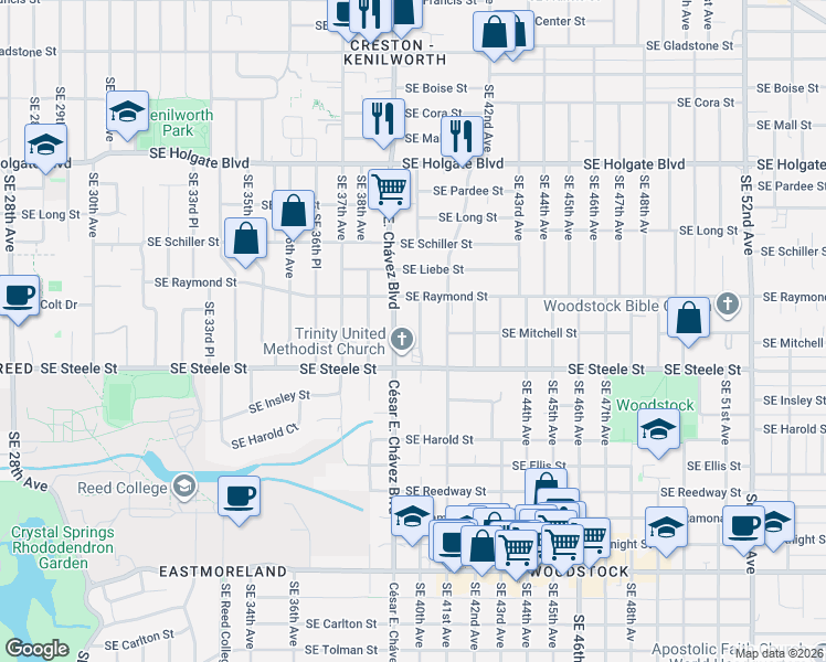 map of restaurants, bars, coffee shops, grocery stores, and more near 5123 Southeast 40th Avenue in Portland