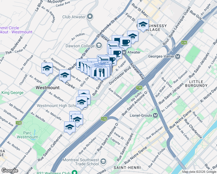 map of restaurants, bars, coffee shops, grocery stores, and more near 4172 Boulevard Dorchester in Westmount