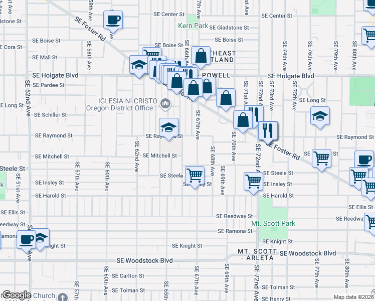 map of restaurants, bars, coffee shops, grocery stores, and more near 5122 Southeast 66th Avenue in Portland