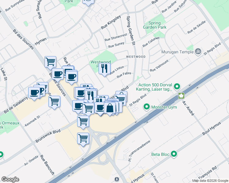 map of restaurants, bars, coffee shops, grocery stores, and more near 37 Brunswick Boulevard in Dollard-Des Ormeaux