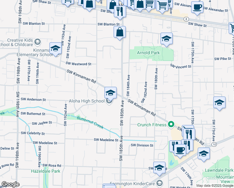 map of restaurants, bars, coffee shops, grocery stores, and more near 18550 Southwest Kinnaman Road in Beaverton