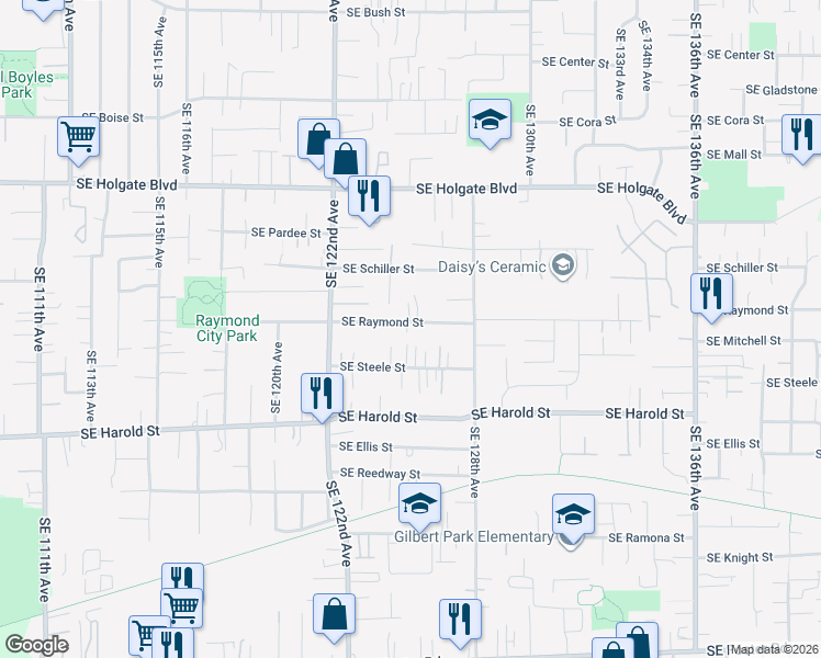 map of restaurants, bars, coffee shops, grocery stores, and more near 12510 Southeast Raymond Street in Portland