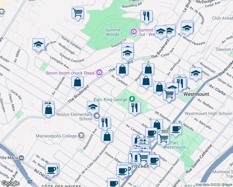 map of restaurants, bars, coffee shops, grocery stores, and more near 4387 Avenue Westmount in Westmount