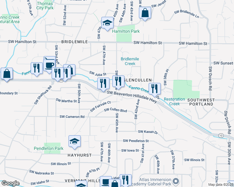 map of restaurants, bars, coffee shops, grocery stores, and more near Southwest Beaverton Hillsdale Highway in Portland
