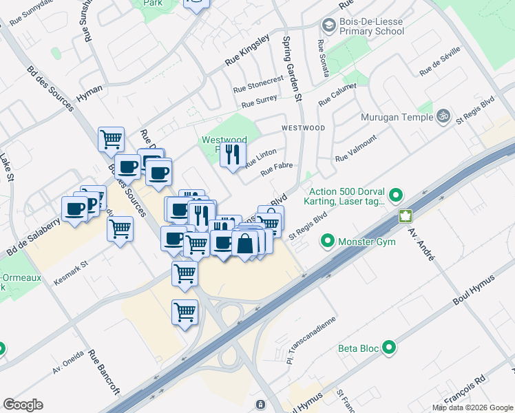 map of restaurants, bars, coffee shops, grocery stores, and more near 37 Boulevard Brunswick in Dollard-des-Ormeaux
