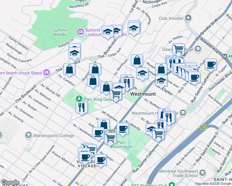 map of restaurants, bars, coffee shops, grocery stores, and more near 29 Avenue Church Hill in Westmount
