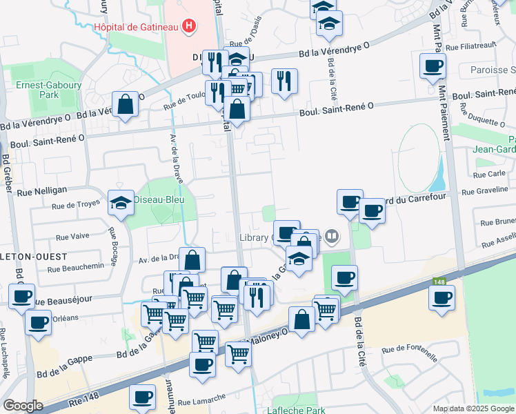map of restaurants, bars, coffee shops, grocery stores, and more near 80 Rue de la Cité-Jardin in Gatineau