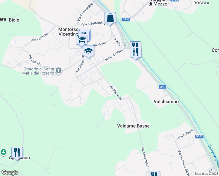 map of restaurants, bars, coffee shops, grocery stores, and more near 24 Via Kennedy in Montorso Vicentino