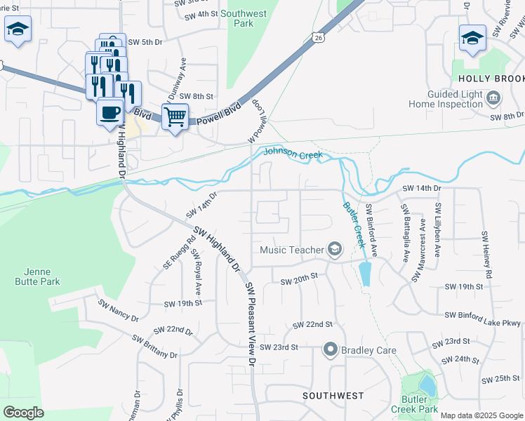 map of restaurants, bars, coffee shops, grocery stores, and more near 1475 Southwest Pleasant View Drive in Gresham
