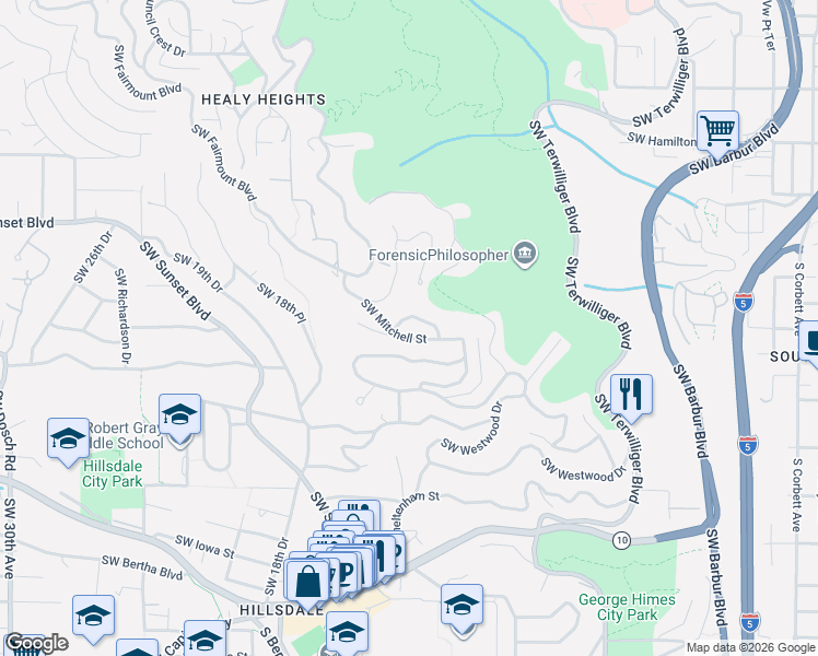 map of restaurants, bars, coffee shops, grocery stores, and more near 1313 Southwest Mitchell Lane in Portland