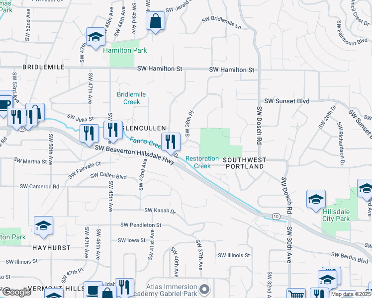 map of restaurants, bars, coffee shops, grocery stores, and more near 5123-5131 Southwest 38th Place in Portland