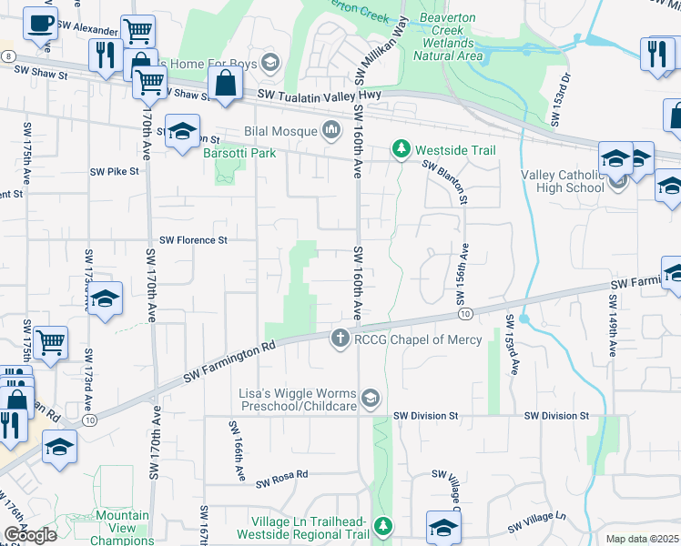 map of restaurants, bars, coffee shops, grocery stores, and more near 16064 Southwest Shelton Street in Beaverton