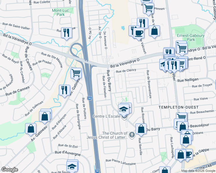 map of restaurants, bars, coffee shops, grocery stores, and more near 137 Rue Du Barry in Gatineau