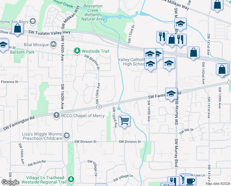 map of restaurants, bars, coffee shops, grocery stores, and more near 4675 Southwest Mueller Drive in Beaverton