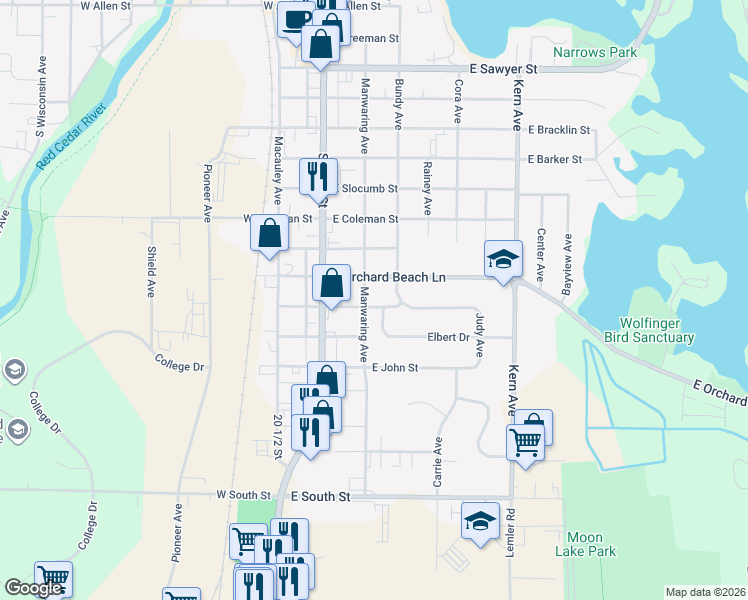 map of restaurants, bars, coffee shops, grocery stores, and more near 113 East Saint Patrick Street in Rice Lake