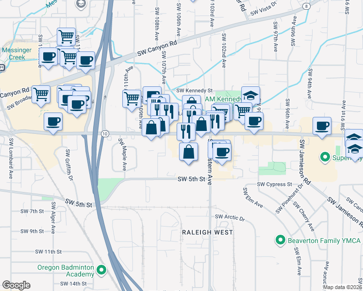 map of restaurants, bars, coffee shops, grocery stores, and more near 10520 Southwest Beaverton Hillsdale Highway in Beaverton