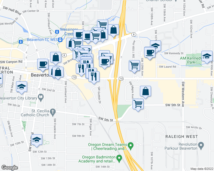 map of restaurants, bars, coffee shops, grocery stores, and more near 11390 Southwest Beaverton Hillsdale Highway in Beaverton