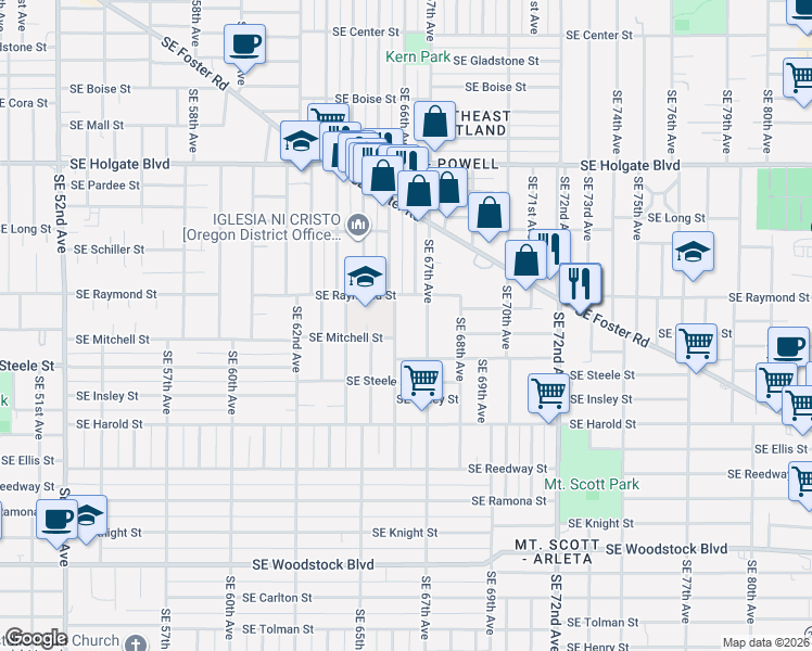 map of restaurants, bars, coffee shops, grocery stores, and more near 5118 Southeast 66th Avenue in Portland