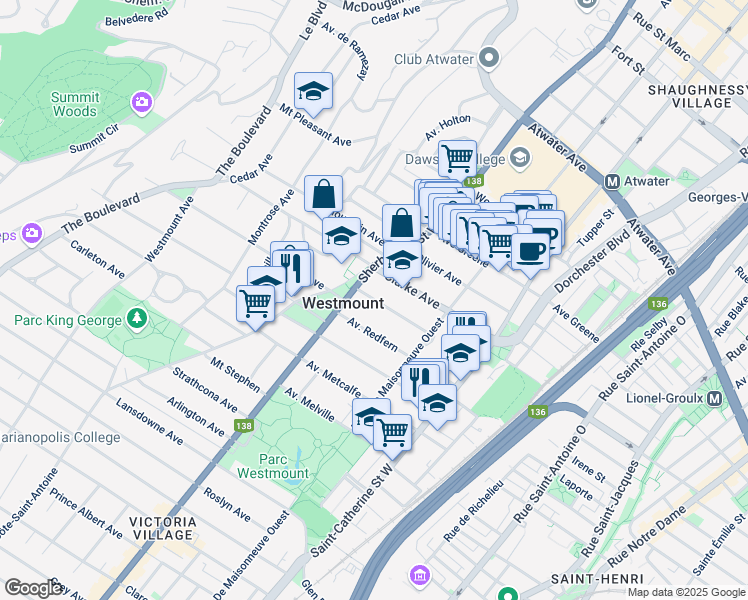 map of restaurants, bars, coffee shops, grocery stores, and more near 375 Kitchener Avenue in Westmount