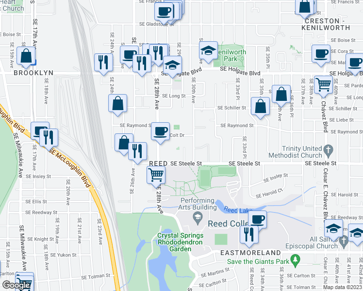 map of restaurants, bars, coffee shops, grocery stores, and more near 2810-2928 SE Colt Dr in Portland