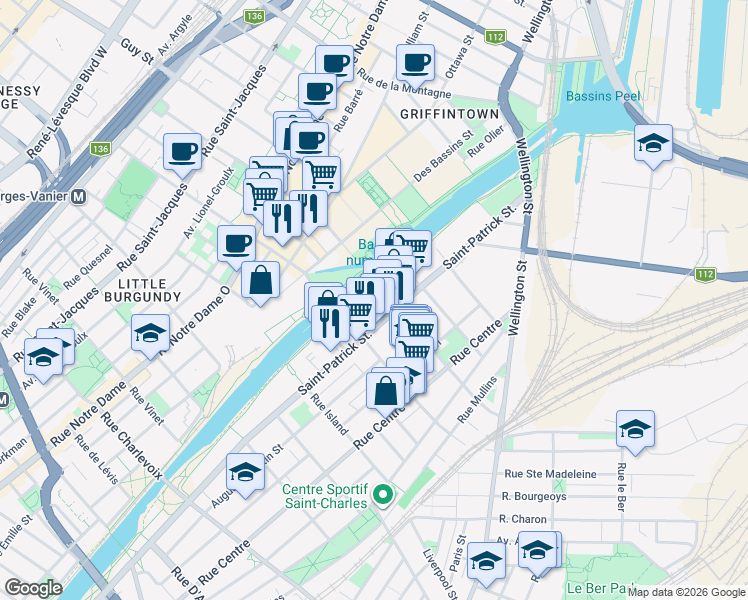 map of restaurants, bars, coffee shops, grocery stores, and more near 1729 Rue Saint-Patrick in Montréal
