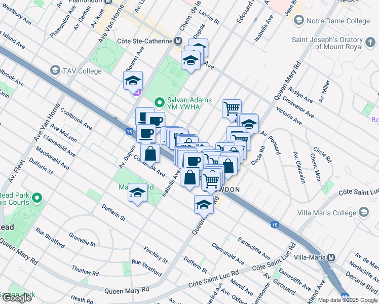 map of restaurants, bars, coffee shops, grocery stores, and more near 5210 Isabella Avenue in Montreal