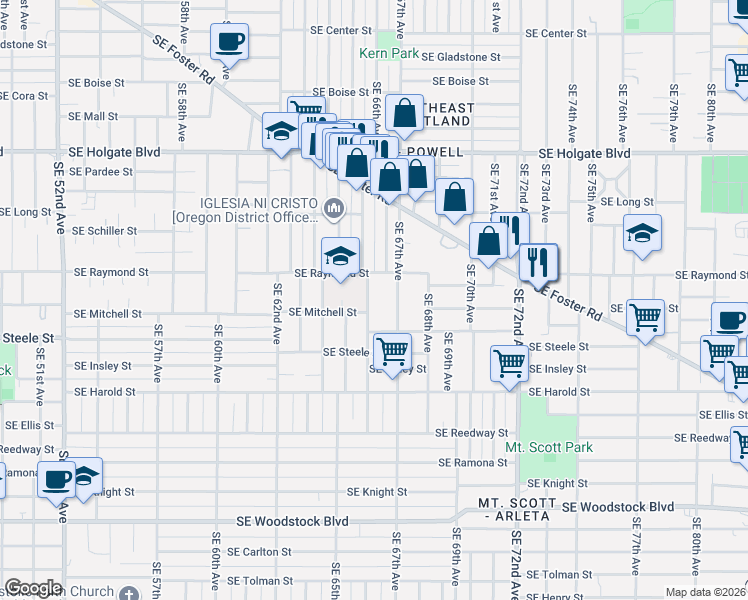 map of restaurants, bars, coffee shops, grocery stores, and more near 5118 Southeast 66th Avenue in Portland