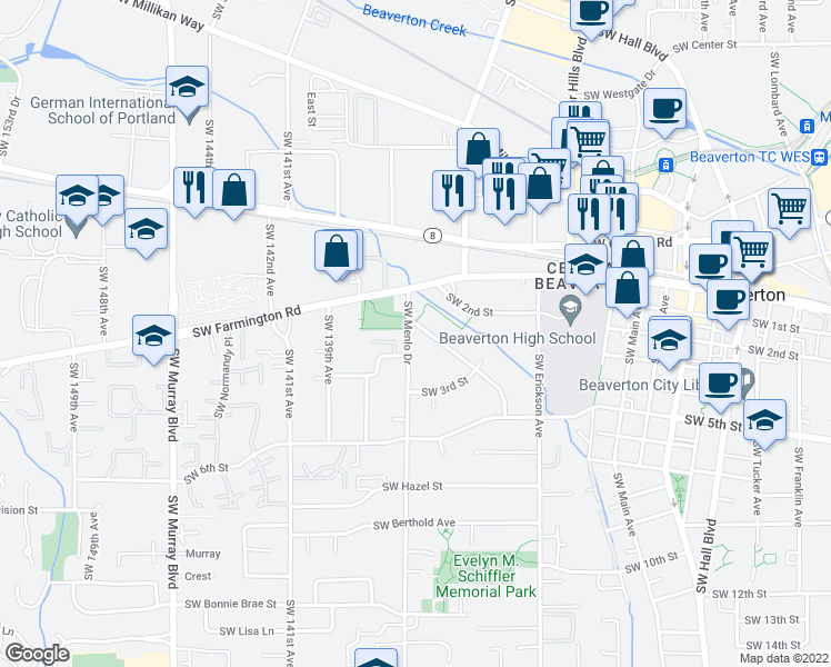 map of restaurants, bars, coffee shops, grocery stores, and more near 4715 Southwest Fairmount Drive in Beaverton