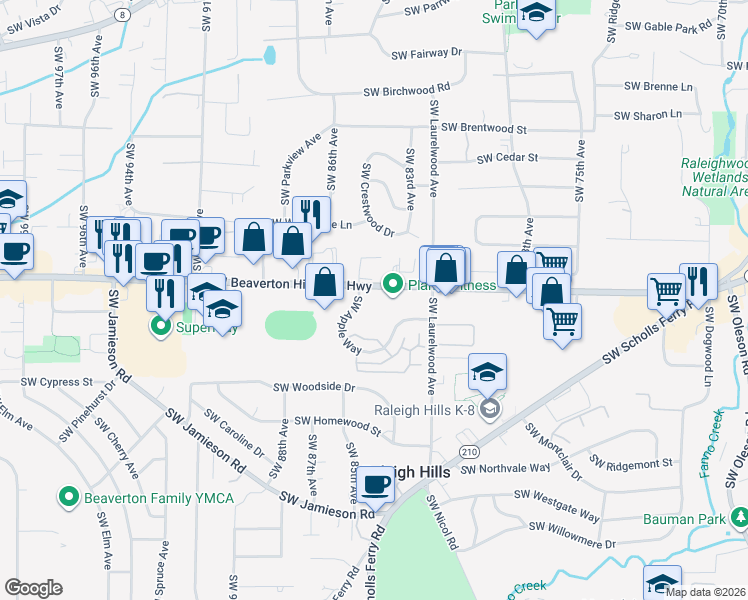 map of restaurants, bars, coffee shops, grocery stores, and more near 8555 Southwest Apple Way in Portland