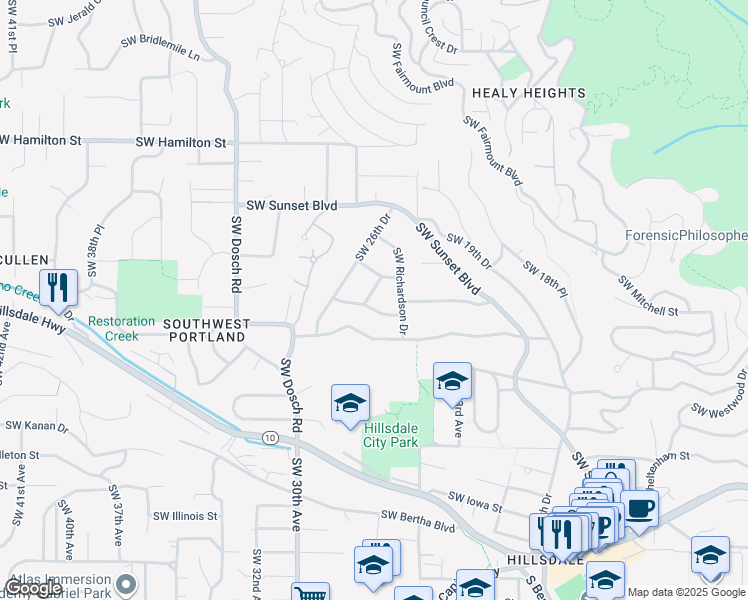 map of restaurants, bars, coffee shops, grocery stores, and more near 5100 Southwest 26th Place in Portland