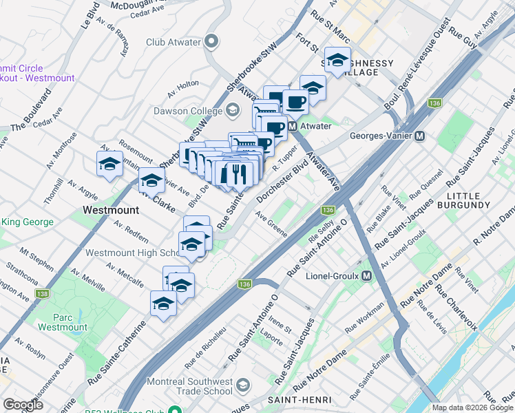 map of restaurants, bars, coffee shops, grocery stores, and more near 4168 Boulevard Dorchester in Westmount