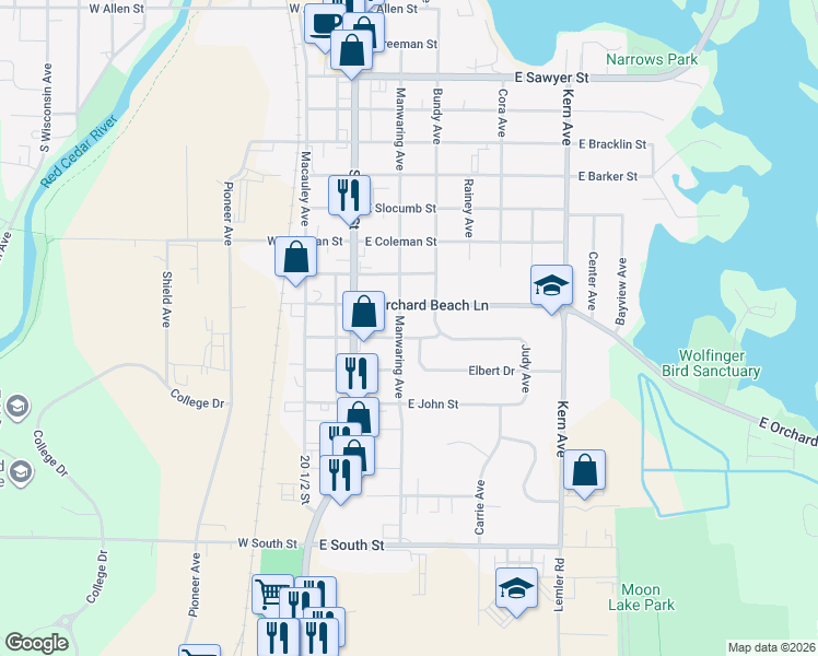 map of restaurants, bars, coffee shops, grocery stores, and more near 113 East Saint Patrick Street in Rice Lake