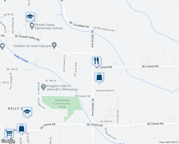 map of restaurants, bars, coffee shops, grocery stores, and more near 5945 Southeast 15th Loop in Gresham