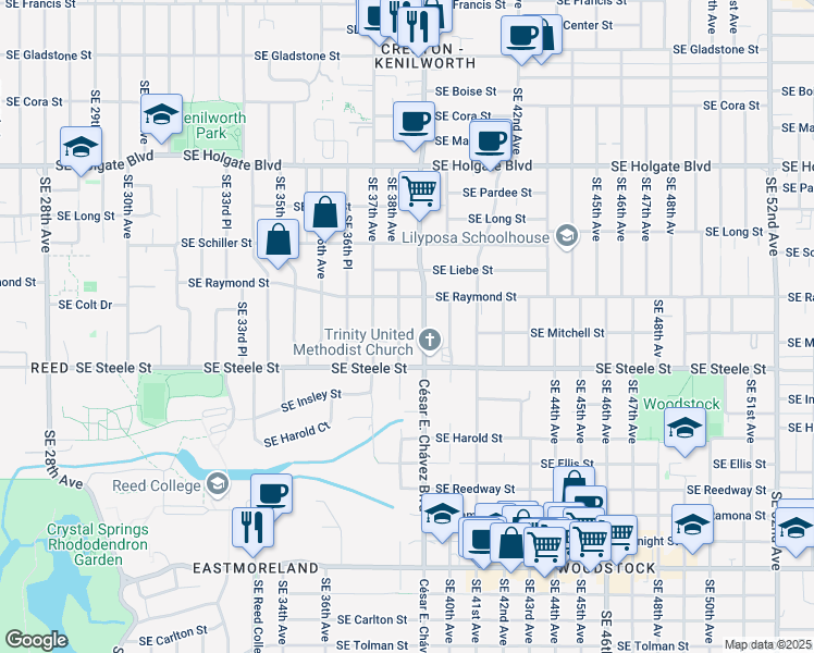 map of restaurants, bars, coffee shops, grocery stores, and more near 5112 Southeast 38th Avenue in Portland