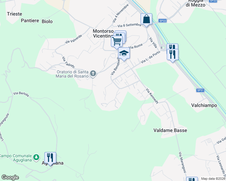 map of restaurants, bars, coffee shops, grocery stores, and more near 2 Via Rio in Montorso Vicentino