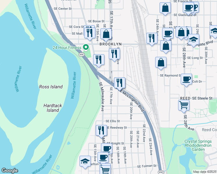 map of restaurants, bars, coffee shops, grocery stores, and more near 5101 Southeast 17th Avenue in Portland