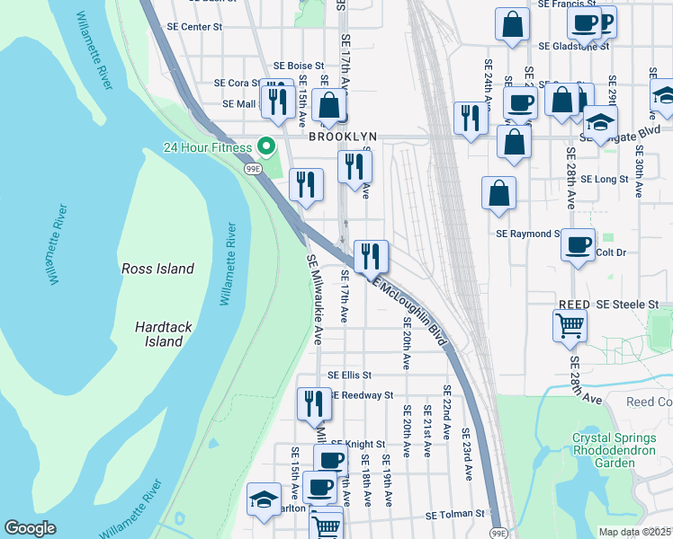 map of restaurants, bars, coffee shops, grocery stores, and more near 5101 Southeast 17th Avenue in Portland