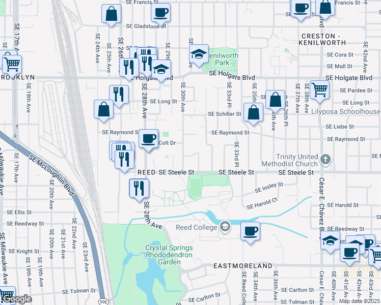map of restaurants, bars, coffee shops, grocery stores, and more near 5108 Southeast 30th Avenue in Portland