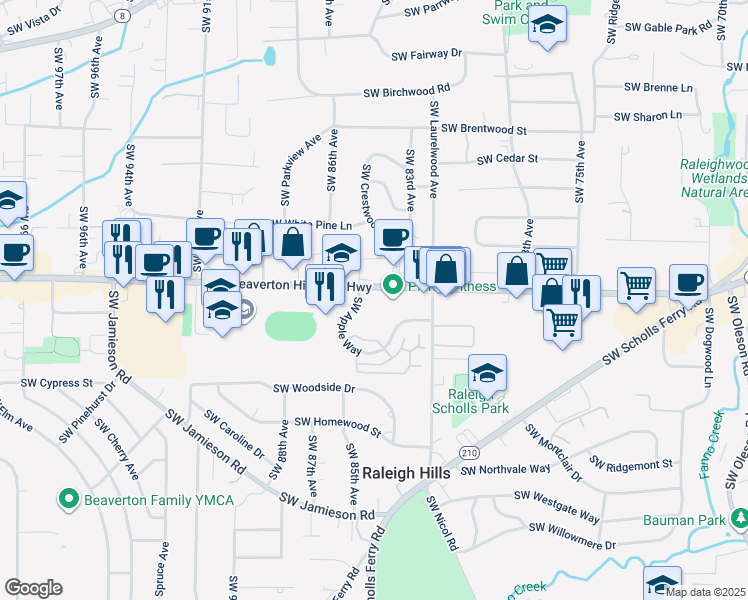map of restaurants, bars, coffee shops, grocery stores, and more near 8555 Southwest Apple Way in Portland