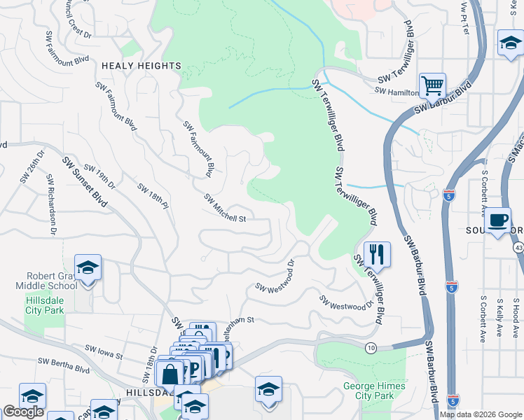 map of restaurants, bars, coffee shops, grocery stores, and more near 1117 Southwest Mitchell Lane in Portland