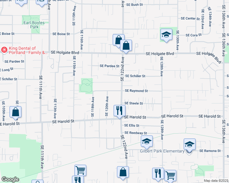 map of restaurants, bars, coffee shops, grocery stores, and more near 12005 Southeast Raymond Street in Portland