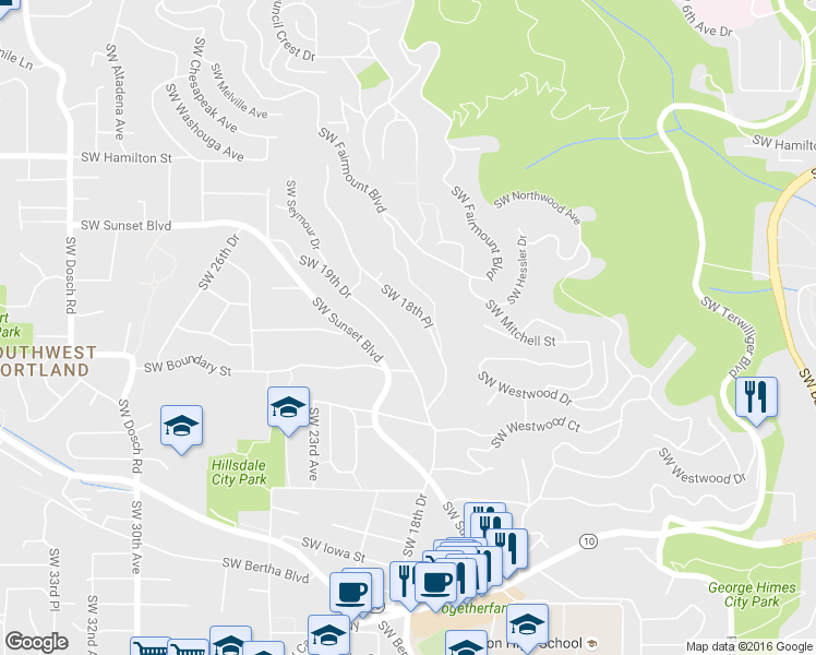 map of restaurants, bars, coffee shops, grocery stores, and more near 5202 Southwest 19th Drive in Portland